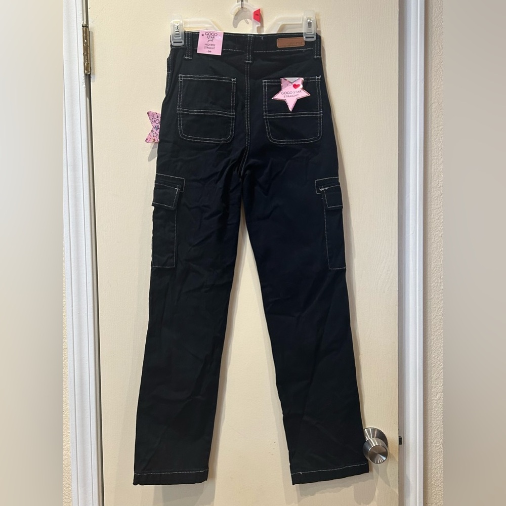 Gogo Star Black Straight Leg Cargo Pants Girls 14 Contrast Stitching NWT K-pop